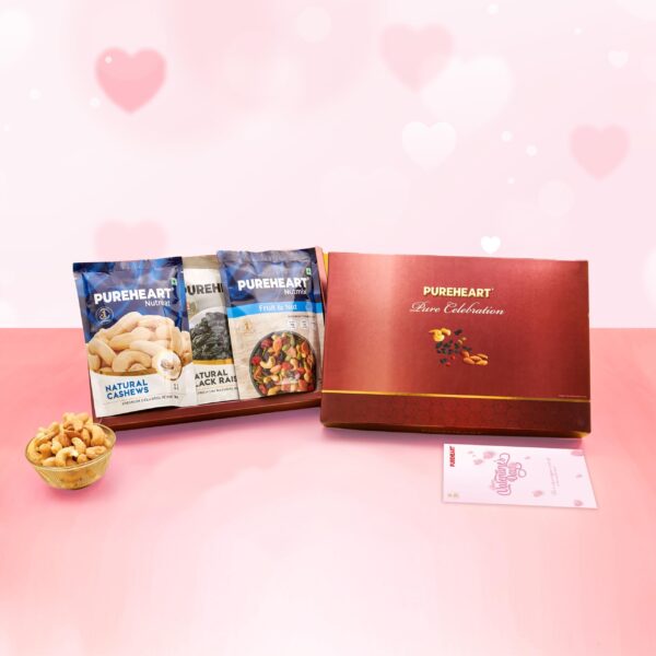 PUREHEART Pure Celebration Premium Gift Box | Dry Fruits Gift Pack | Valentine Gift Hamper For Her | Natural Cashews, Nutmix, Black Raisins (80 g, each) | Wishing Card | Valentine Gifting - Fast Shipping to USA & Canada