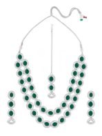 ZAVERI PEARLS Green Stones Dazzling Austrian Diamonds Layered Necklace Earring & Maangtikka Set For Women-ZPFK17569 - Fast Shipping to USA & Canada
