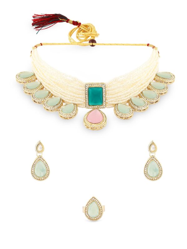 ZAVERI PEARLS Pink Green Stones Drop Multistrand Beaded Choker Necklace Earring & Ring Set For Women-ZPFK17600 - Fast Shipping to USA & Canada