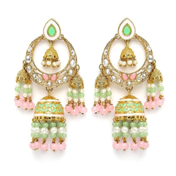Karatcart Gold Plated Pink and Lime Green Beads Kundan Dangler Jhumki Earrings for Women - Fast Shipping to USA & Canada