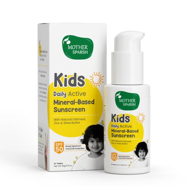 Mother Sparsh Sunscreen For Kids & Babies- 50g with Natural Oatmeal & Zinc | Daily Active Mineral-Based Baby Sunscreen Lotion with SPF 50 | Broad Spectrum, UVA/UVB Protection | Water & Sweat Resistant (3+ Yrs) - Fast Shipping to USA & Canada