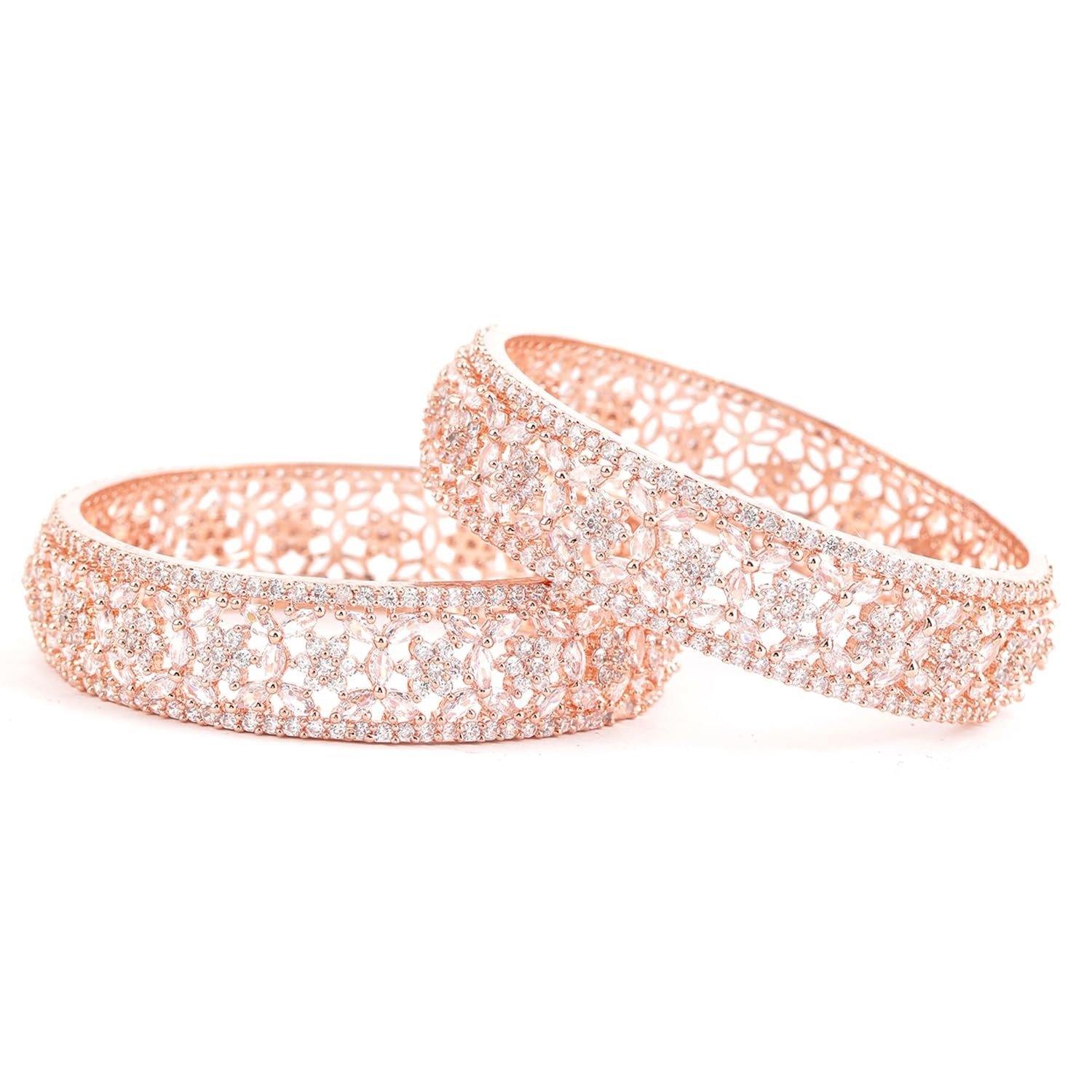 715mD3W9f7L.jpg Rubans Set of 2 Rose Gold Plated Zirconia Stone Studded Bangles for Women & Girls, Floral Design Perfect for Any | Festival | Wedding Occasion - Fast Shipping to USA & Canada - Image 1