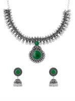 Yellow Chimes Exclusive Antique Design Vintage Oxidised Silver Kolhapuri Stone Choker Necklace Set with Jhumka Earrings for Women and Girls - Fast Shipping to USA & Canada