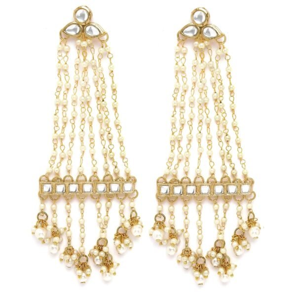 Karatcart Gold Plated Pearl Chain Kundan Drop Earrings for Women - Fast Shipping to USA & Canada