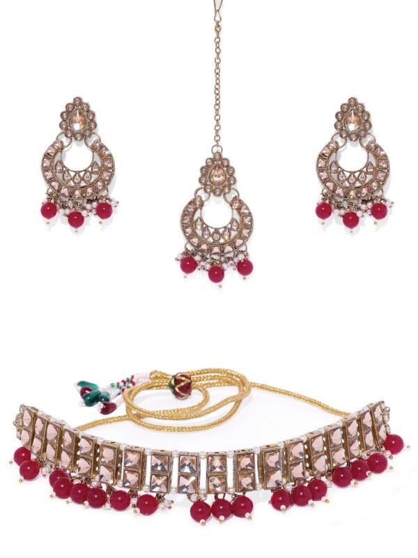 ACCESSHER Gold Plated Pink Sparkling Rhinestone embellished Choker Set and Beads with Earrings and maang tika for women and girls - Fast Shipping to USA & Canada