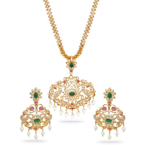 Rubans 22K Gold-Plated Emerald Green, Ruby Pink,Kundan & Cubic Zirconia Traditional Jewellery Set with Pearl Beads - Fast Shipping to USA & Canada