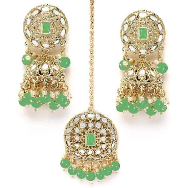 Karatcart Gold Plated Mirror and Light Green Bead Studded Round Jhumki Earring and Maangtikka Set - Fast Shipping to USA & Canada