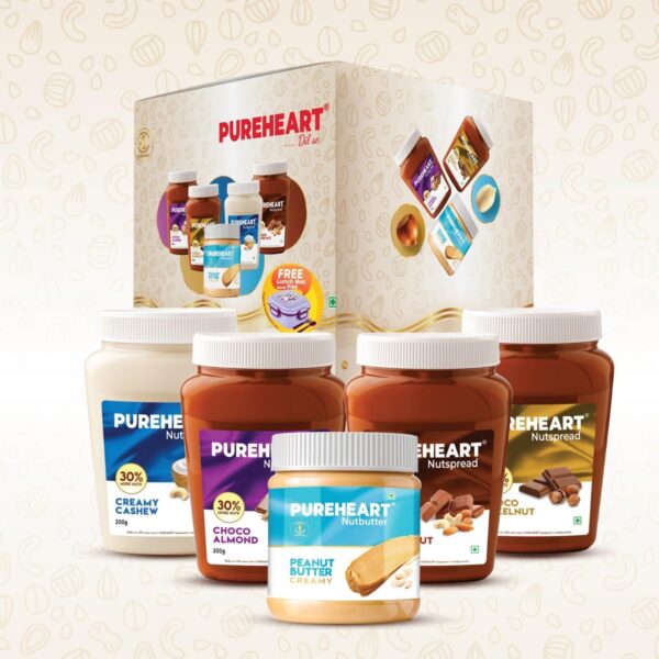 Pureheart Nut Spread Combo | Creamy Cashew, Peanut Butter, Choco Hazelnut, Almond & Mixed Nut (200 gm, each) | Nutty Spreads for Breakfast | Back to School Offer ? Free Lunchbox, Timetable card & Name Slips - Fast Shipping to USA & Canada
