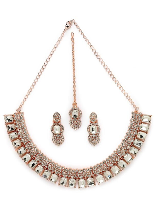 Sukkhi Tasteful Rose Gold AD White Stone Necklace Set with Maangtikka - Fast Shipping to USA & Canada