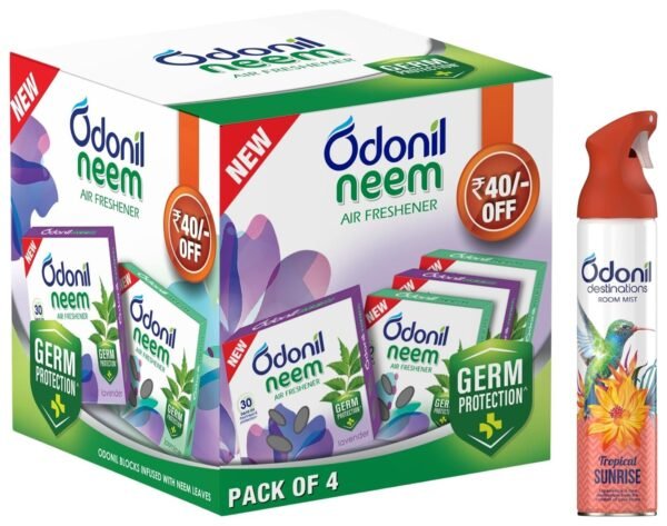 Odonil Bathroom Air Freshener Neem Mixed Fragrances Blocks 192g (48g, Pack of 4) & Odonil Destinations Room Air Freshener Spray 240ml - Tropical Sunrise| Long Lasting Fragrance - Fast Shipping to USA & Canada