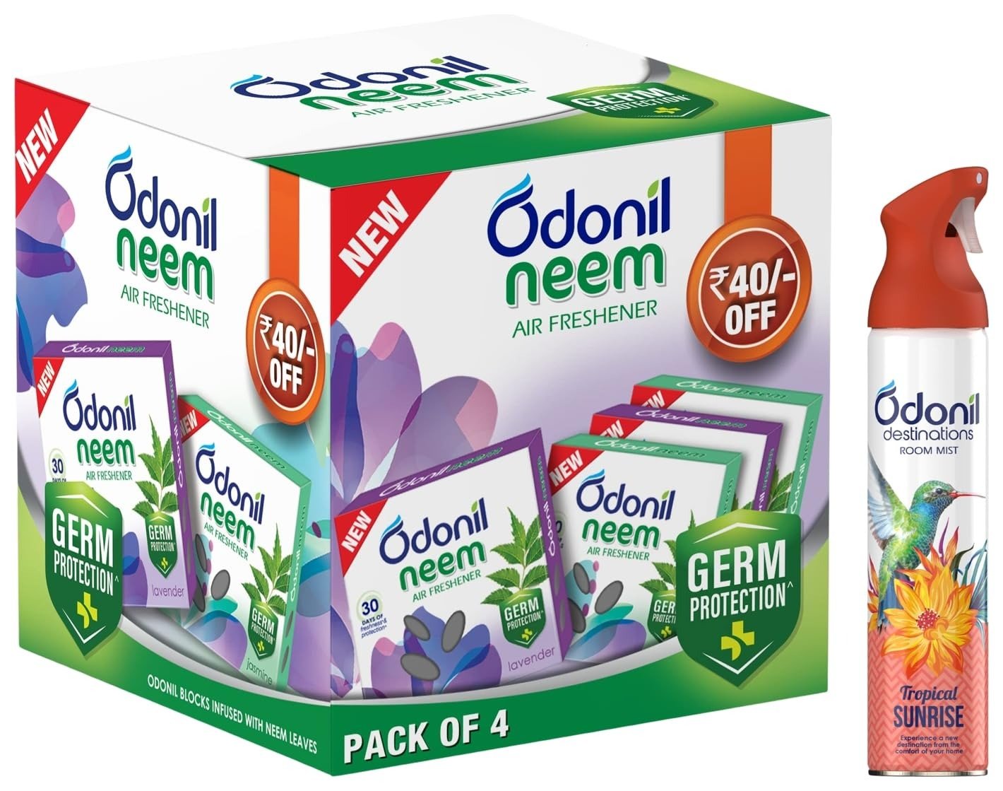 71IV-TCakAL.jpg Odonil Bathroom Air Freshener Neem Mixed Fragrances Blocks 192g (48g, Pack of 4) & Odonil Destinations Room Air Freshener Spray 240ml - Tropical Sunrise| Long Lasting Fragrance - Fast Shipping to USA & Canada - Image 1