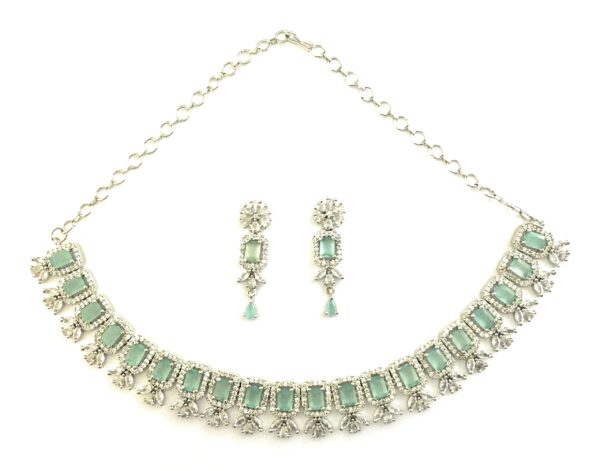 Sasitrends Rhodium Plated Rectangle Shaped Silver Toned American Diamond Stone Studded Necklace with Earring Jewellery Set for Women and Girls - Fast Shipping to USA & Canada