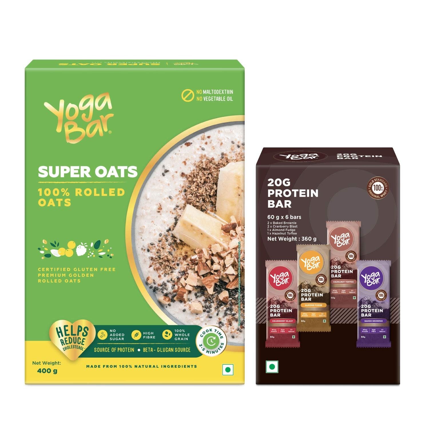 71JIE7spVGL.jpg Yogabar Protein Bar Variety Box - (Pack of 6 bars) | Super Oats Premium Golden 100% Rolled Oats Combo Pack - 760 gm - Fast Shipping to USA & Canada - Image 1