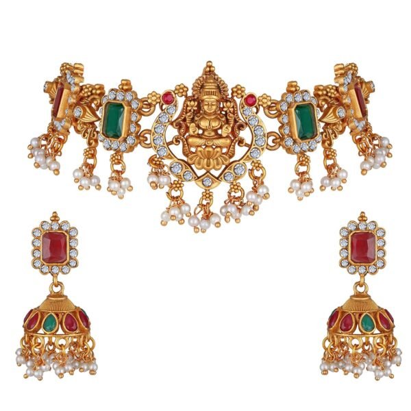 Shining Diva Fashion Latest Stylish Design Fancy Pearl Choker Traditional Temple Necklace Jewellery Set for Women (13873s) (Golden) - Fast Shipping to USA & Canada