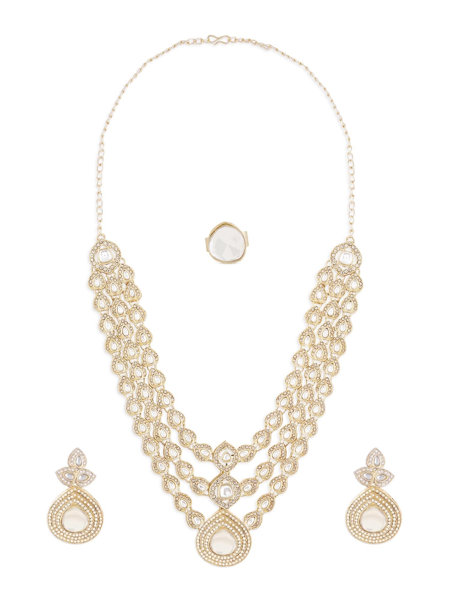 71LNSVJLxBL.jpg ZAVERI PEARLS Gold Tone Dazzling Stones Austrian Diamonds Layered Necklace Earring & Ring Set For Women-ZPFK18079 - Fast Shipping to USA & Canada - Image 1