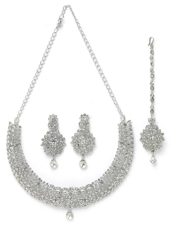 Sukkhi Showstopping Silver AD White Stone Necklace Set with Maangtikka - Fast Shipping to USA & Canada