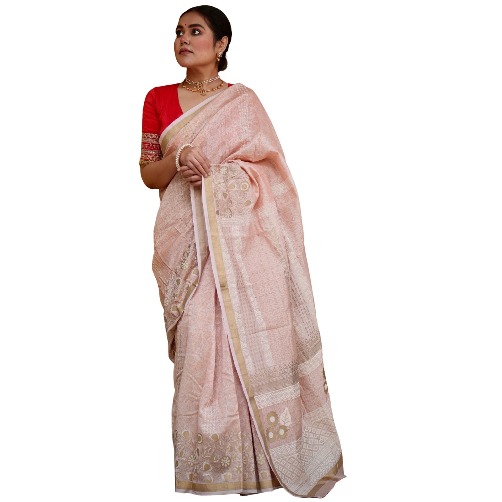 71MiZzFdRBL-1.jpg NAITRI | Hand Block Printed Cotton Saree with Blouse Piece | Peach - Fast Shipping to USA & Canada - Image 1