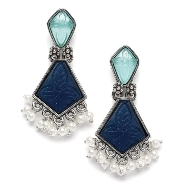 Karatcart Silver Tone Diamond Shape Blue Carved Stone Studded Drop Earrings for Women - Fast Shipping to USA & Canada