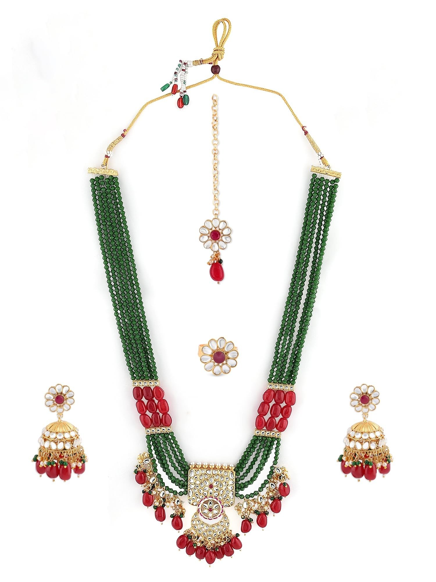 71PDmeklg0L.jpg ZAVERI PEARLS Green Maroon Multistrand Necklace Earring Maangtikka & Ring Set For Women-ZPFK18546 - Fast Shipping to USA & Canada - Image 1