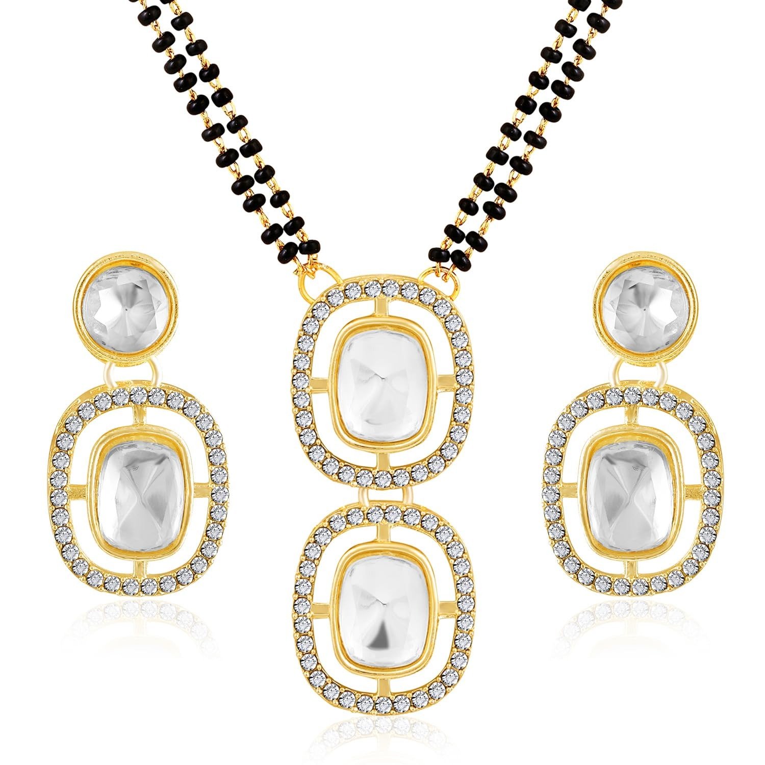 71QQbADt0L.jpg Peora Gold Plated Cubic Zirconia Crystal & Black Beads Studded Mangalsutra & Drop Earrings Jewellery Gift for Women - Fast Shipping to USA & Canada - Image 1