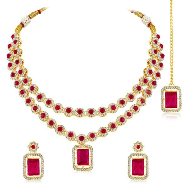 Peora Gold Plated Crystal & Cubic Zirconia Studded 2 Layer Necklace Earrings Maangtikka Set Ethnic Jewellery Gift for Women & Girls - Fast Shipping to USA & Canada