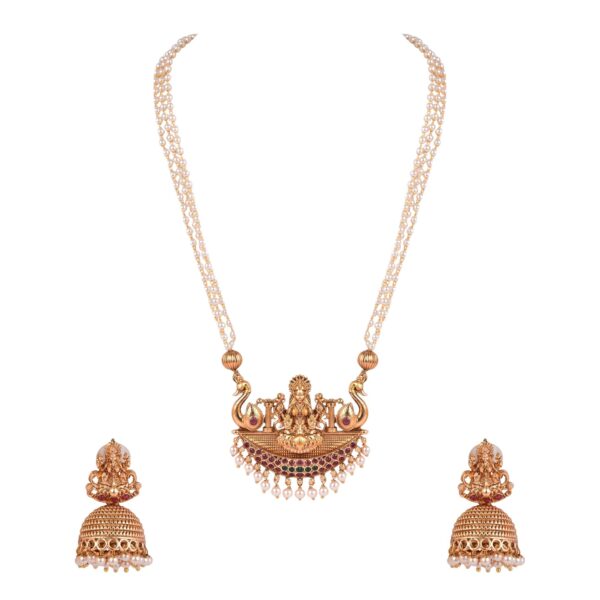 AEVY Traditional Gold-Plated Temple Jewelry Set for Women ? Goddess Lakshmi Pearl Necklace with Jhumka Earrings, Antique Finish - Fast Shipping to USA & Canada