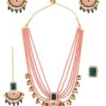 ZAVERI PEARLS Peach & Green Multistrands Bridal Necklace Earring Maangtikka & Ring Set For Women-ZPFK12626 - Fast Shipping to USA & Canada