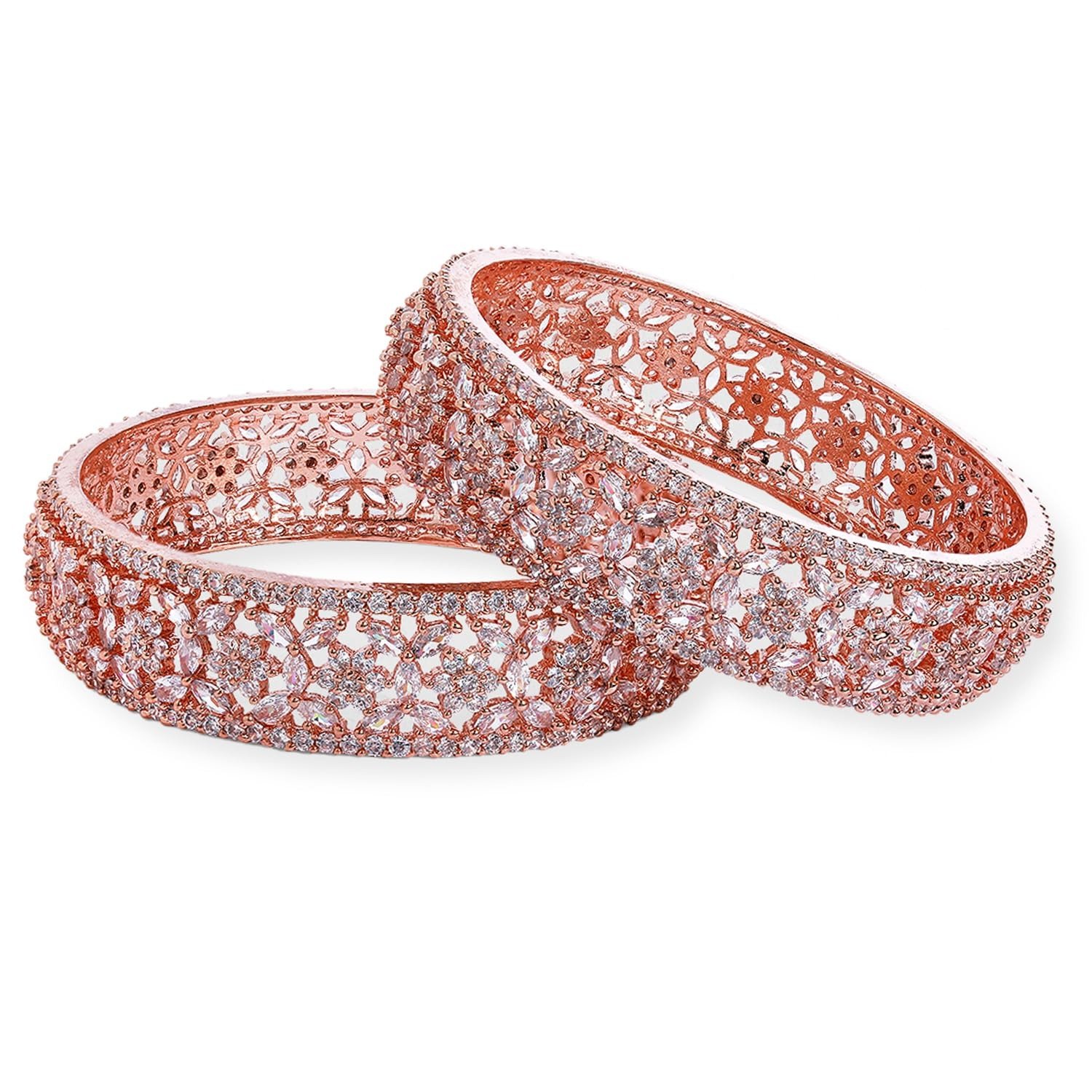 71XbqwLHL.jpg Rubans Women's Set Of 2 Rose Gold Plated Zirconia Stone Studded Bangles Floral Design - Fast Shipping to USA & Canada - Image 1