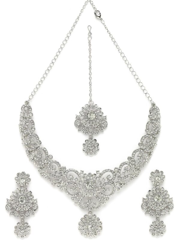 Sukkhi Silver AD Stone Collar Necklace Set with Maangtikka - Fast Shipping to USA & Canada