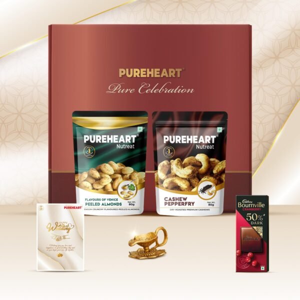 PUREHEART Pure Celebration Premium Wedding Gift Box | Dry Fruits Gift Hamper For Couples | FOV Peeled Almond and Cashew Pepperfry (80g, each) | Bournville Chocolate & Wishing Card | Diya - Fast Shipping to USA & Canada
