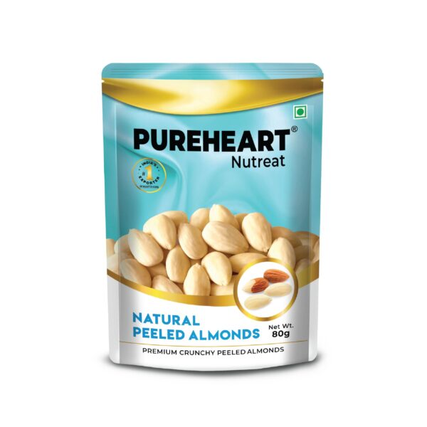 Pureheart Nutreat Natural Peeled Almonds, Premium California Whole Blanched Almond Nuts Without Skin/Dry Fruit, Crunchy Dried Badam (80 gm) - Fast Shipping to USA & Canada