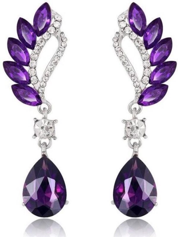 Nilu's Collection Crystal and Rhinestone Drop Dangle Earrings | Rhinestone Leaf Statement Earrings for Women | Lightweight (Purple) - Fast Shipping to USA & Canada