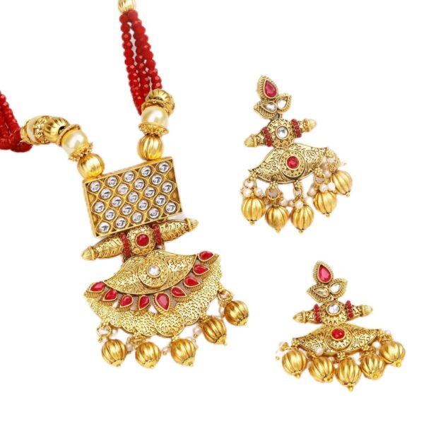 Rubans Womens Antique Gold-Plated Temple Jewellery Set with Red Embellished Stones - Ideal for Weddings & Special Occasions - Fast Shipping to USA & Canada