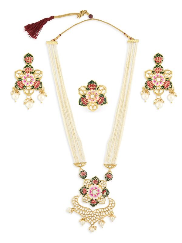 ZAVERI PEARLS Multicolor Meenakari Lotus Design Multistrand Pearls Long Necklace Earring & Ring Set For Women-ZPFK13429 - Fast Shipping to USA & Canada