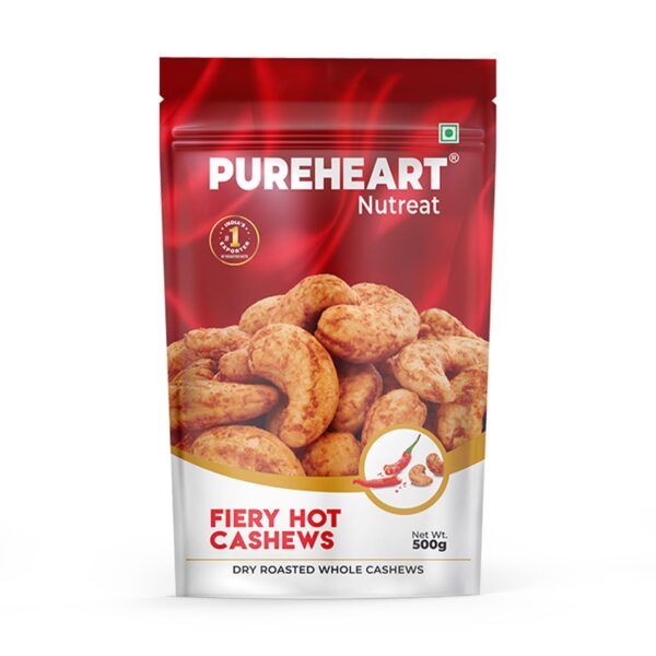 Pureheart Nutreat Fiery Hot Cashews (500 gm), Premium Spicy Roasted Masala Cashew Nuts/Kaju Dry Fruit | Protein & Fiber Rich Chili Cashews| Crunchy Snack | No Artificial Colors, Flavors, Preservatives - Fast Shipping to USA & Canada