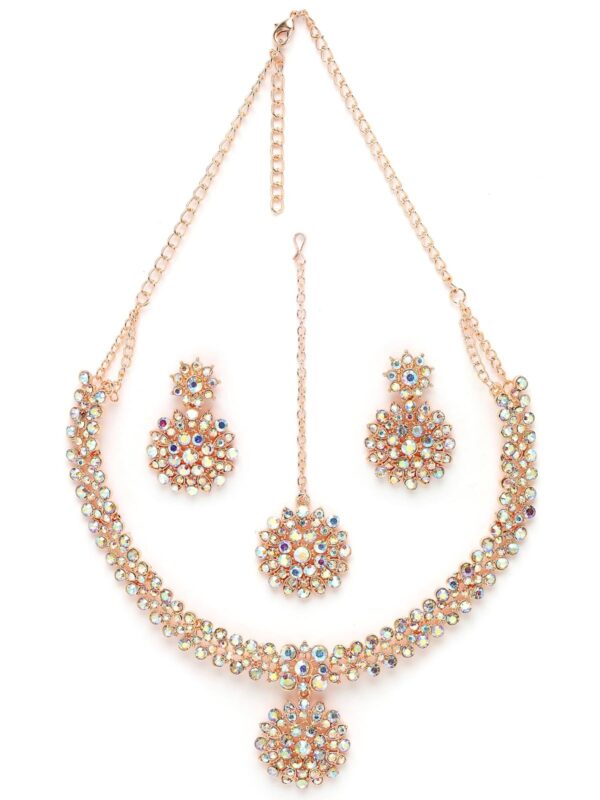 Sukkhi Rose Gold Rainbow Stone Collar Necklace Set with Maangtikka - Fast Shipping to USA & Canada