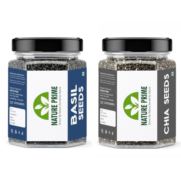 Nature Prime Healthy Seeds Combo- Chia (250g) Basil (250g) | Rich in Omega-3, Dietary Fibre, Antioxidant | Raw Seeds for Weight Loss, Immunity Booster, Digestion, Salads, Snacks (Pack of 2) - Fast Shipping to USA & Canada