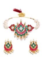 ZAVERI PEARLS Pink & Green Meenakari Multistrand Pearls Choker Necklace & Earring Set For Women-ZPFK10242 - Fast Shipping to USA & Canada