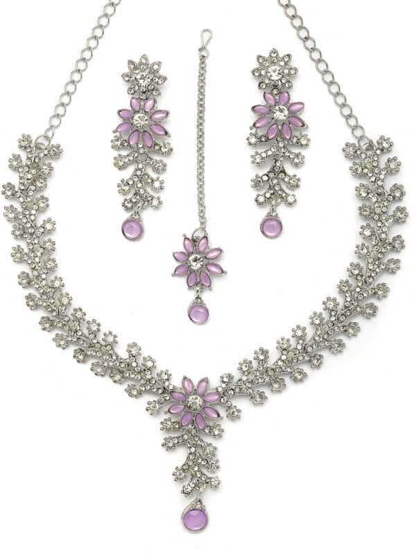 Sukkhi AD Diamond Floral Choker Necklace with Earrings & Maangtikka - Fast Shipping to USA & Canada