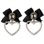 Fashion Frill Black Ribbon Bow Heart Pearl Earrings for Women & Girls - Valentine's Day Gift - Fast Shipping to USA & Canada