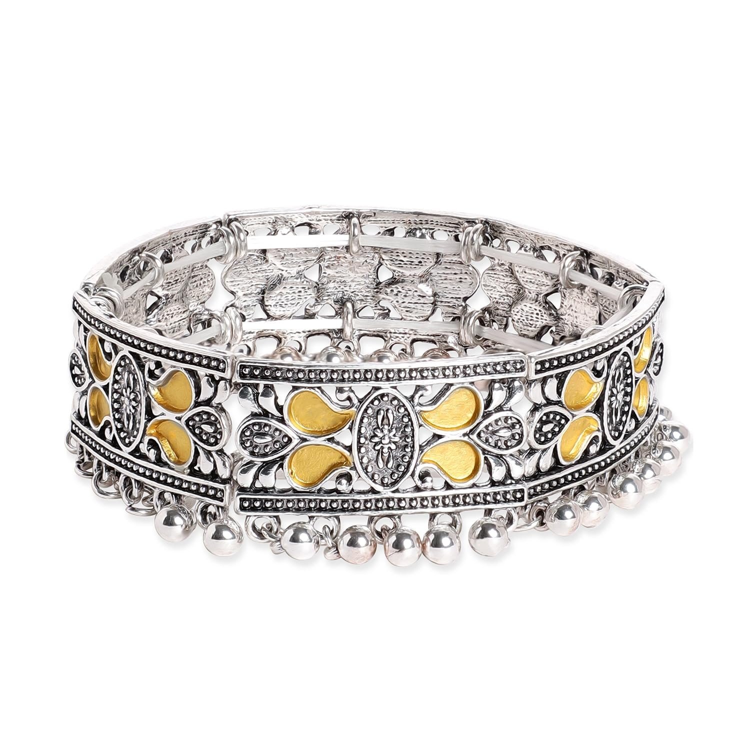 71sJicCL-LL.jpg Rubans Womens Oxidised Silver Plated in Gold & Silver Tone with Ghungroo Beads Antique Bracelet - Fast Shipping to USA & Canada - Image 1