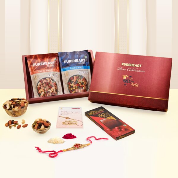 PUREHEART Rakhi Gift Hamper of Natural Fruit & Nut Nutmix, Sweet & Salt Nutmix (80g, each), Cadbury Bournville Dark Chocolate with Rakhi for Brother, Gift Card, Pooja Rice, Kumkum, Dry Fruits Gift - Fast Shipping to USA & Canada