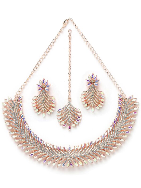 Sukkhi Rose Gold Rainbow Collar Necklace Set with Maangtikka - Fast Shipping to USA & Canada