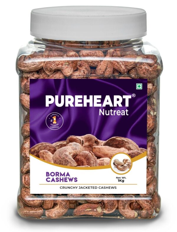 Pureheart Borma Cashews/Skin Unpeeled Cashews (1 kg) Natural Whole Cashews - Nutty Flavor Cashew Nuts with Skin - Reusable Jar - Fast Shipping to USA & Canada