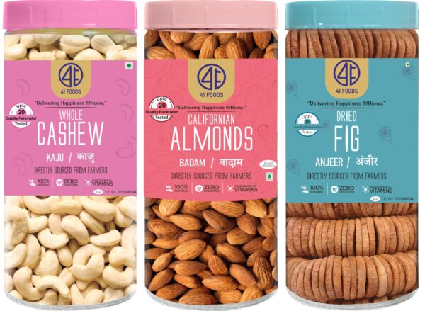 41 FOODS Premium Dry Fruits and Nuts Combo Healthy Fresh Cashews Almonds Figs Nutritious Delicious Crunchy Badam Kaju Anjeer 200Gm X 3 600Grams - Fast Shipping to USA & Canada