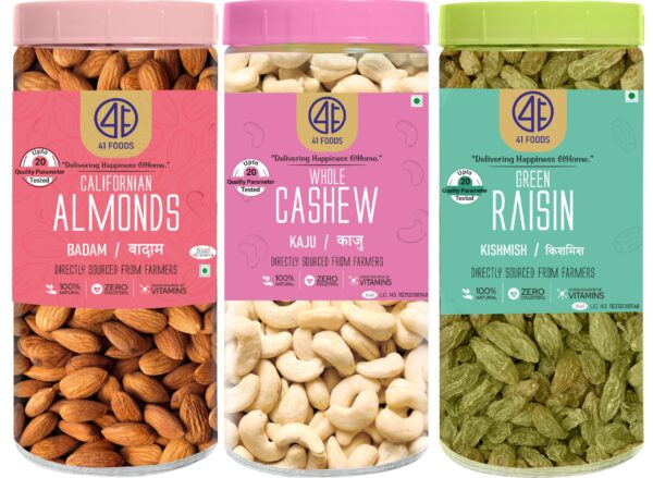 41 foods Premium Dry Fruits & Nuts Combo Of Healthy Fresh Raw Whole Cashew Real Californian Almond Long Green Raisins (150Gm X 3) 450G|Badam Kaju Kishmish - Fast Shipping to USA & Canada