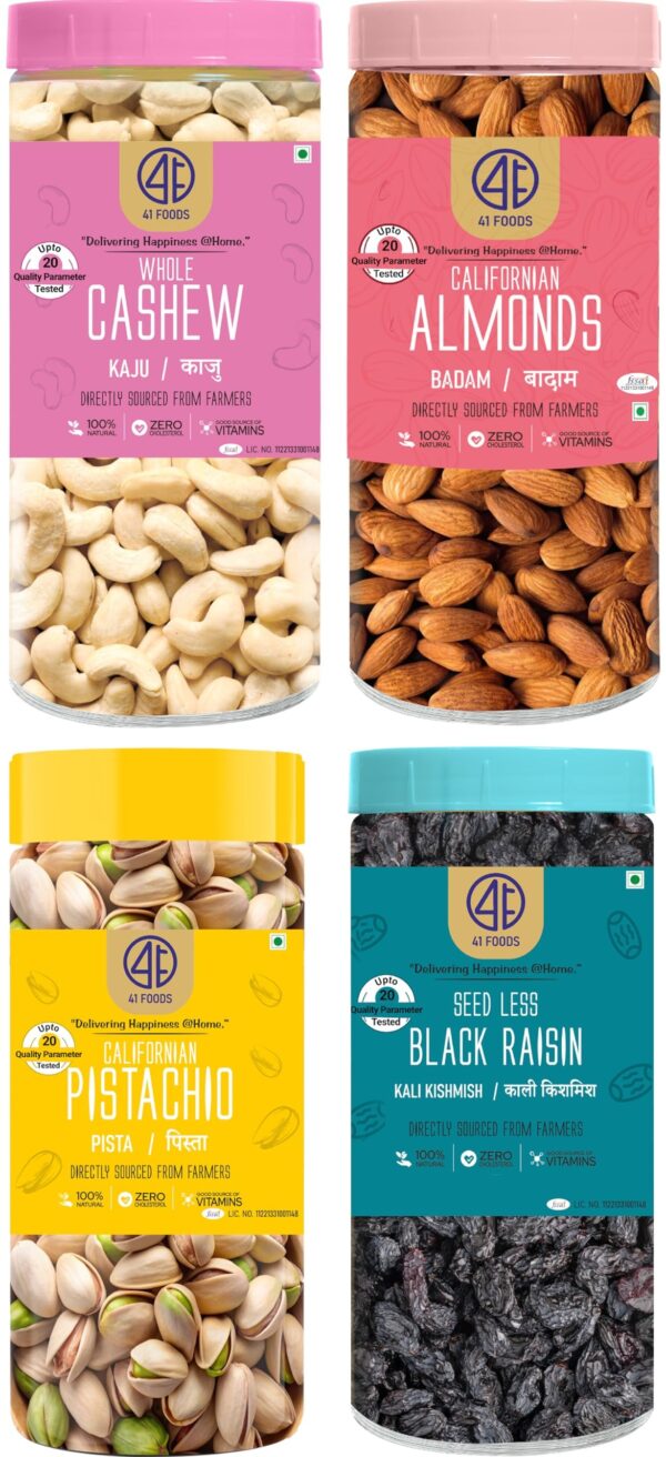 41 FOODS Premium Dry Fruits & Nuts Combo Fresh | Cashews Almonds Pistachios & Black Raisins | Delicious, Healthy & Nutritious Mix | Badam Kaju Kali Kishmish Pista | 100g x 4 Packs (Total 400gm) - Fast Shipping to USA & Canada