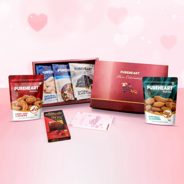 PUREHEART Pure Celebration Premium Valentine Gift Box | Dry Fruits Hamper For Her | Natural & Fiery Hot Cashews, Fruit & Nut Nutmix, Raisins, Almonds | Bournville Chocolate & Wishing Card - Fast Shipping to USA & Canada