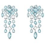 Swarovski Women Gema Clip Earrings, Mixed Cuts, Chandelier, Extra Long, Blue, Rhodium Plated - Fast Shipping to USA & Canada