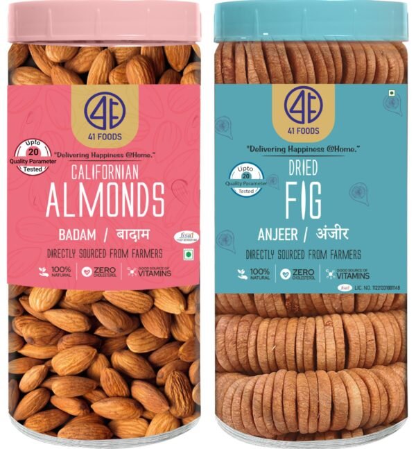 41 FOODS Premium Dry Fruits and Nuts Combo Healthy Crunchy Almonds and Figs Nutritious Tasty Badam Anjeer Rich in Protein and Fiber 200Gm X 2 400GM - Fast Shipping to USA & Canada